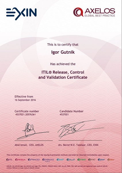 certificate ITIL Release, Control and Validation